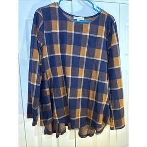 Umgee Navy And Brown Plaid Peplum Blouse Women's Size 1XL